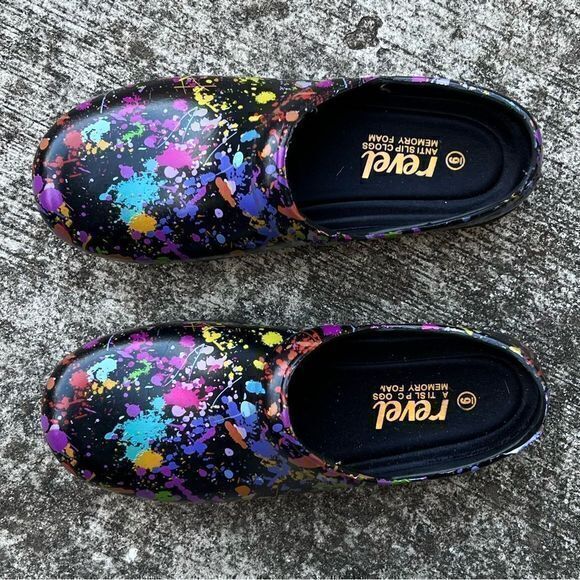Revel Women's Anti Slip Clogs Memory Foam Multicolor Paint Splatter Size 6 - Picture 2 of 9